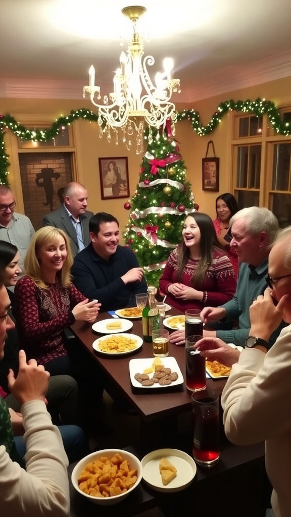 Guests enjoying Christmas games at a holiday party with decorations and festive snacks.